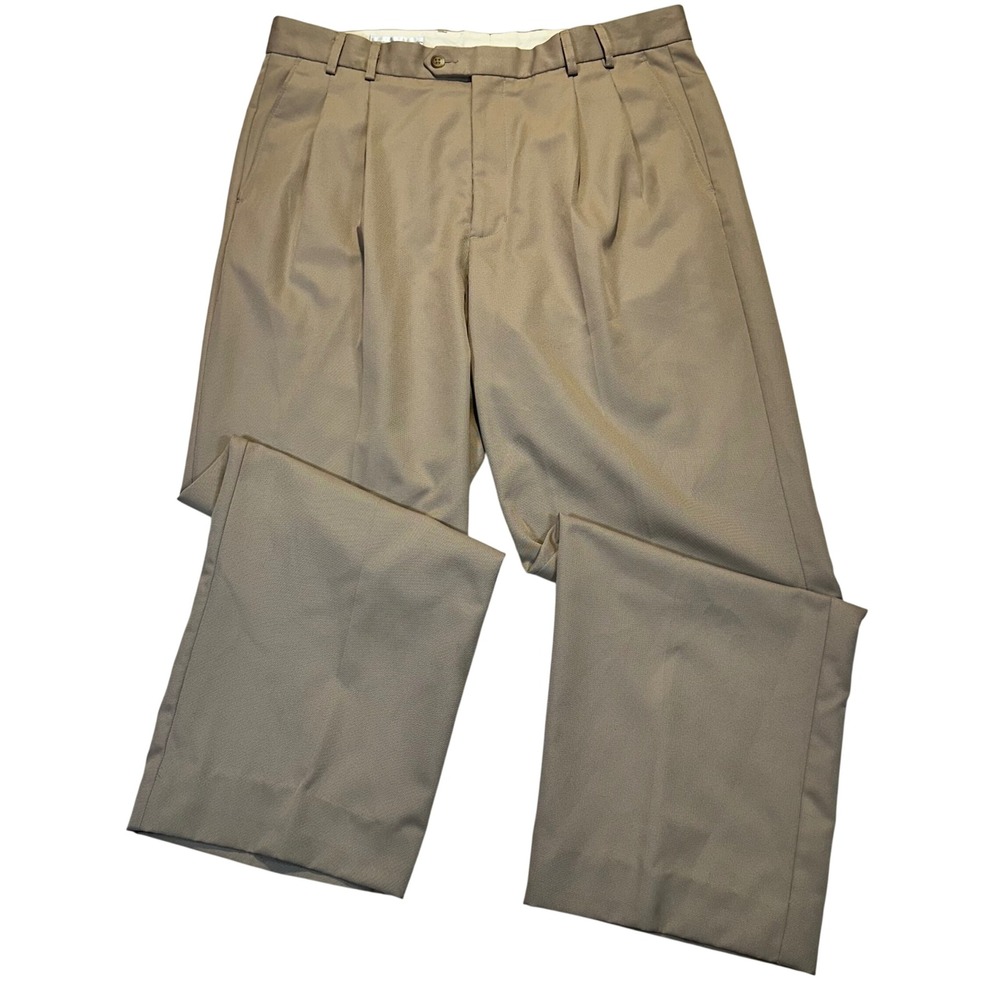 Cutter & Buck Dress Pants Men 36x28 Tan Pleated Herringbone Golf Business Casual